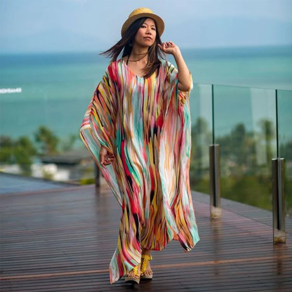 New Colourful Beach Dress Oversize Bikini Cover Up Tie Dye Chiffon Wear Batwing Sleeve Mujer 2020 Maxi Pareos De Pla | Женская одежда