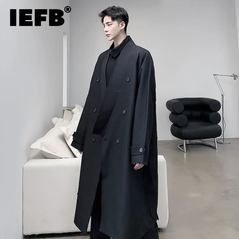 

Мужская модная асимметричная двубортная тренчкот IEFB с поясом, новинка 2022, свободная черная ветровка средней длины на осень и зиму