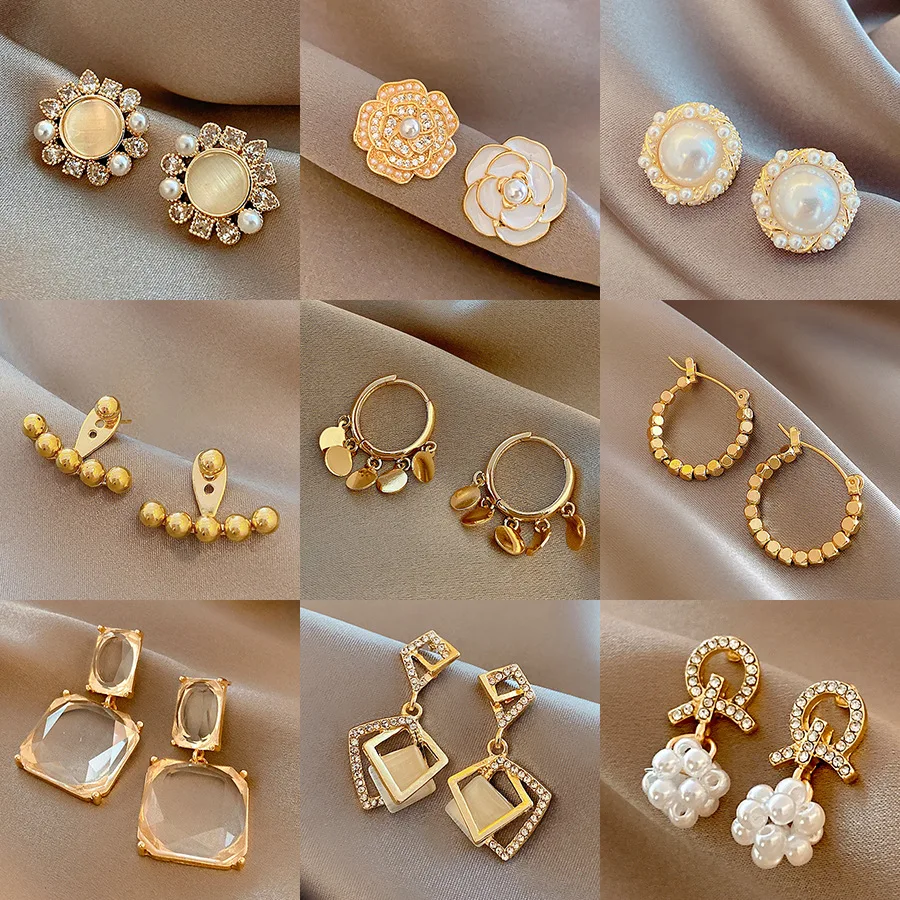 

925 Silver Needle Fashion Earrings for Women Flower Star Geometric Pearl Zircon Wedding Pendant Earrings South Korean Jewelry