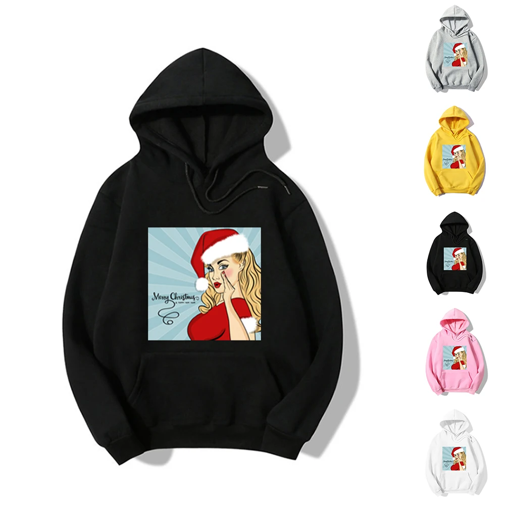 

Женский Теплый Рождественский свитер с капюшоном и принтом для девочки, женский зимний Свободный пуловер, Топ