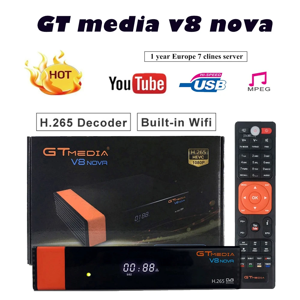 GTmedia Receptor V8 NOVA DVB S2 спутниковый ресивер встроенный WIFI + 2 года cccam декодер H.265