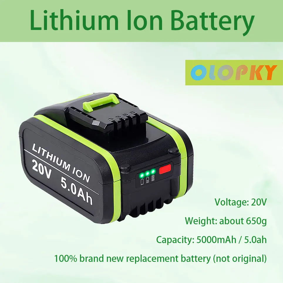 

20V 5000mAh Li-ion rechargeable replacement battery, suitable for Worx power tools WA3551 WX390 WX176 WX178 WX678 WG894E