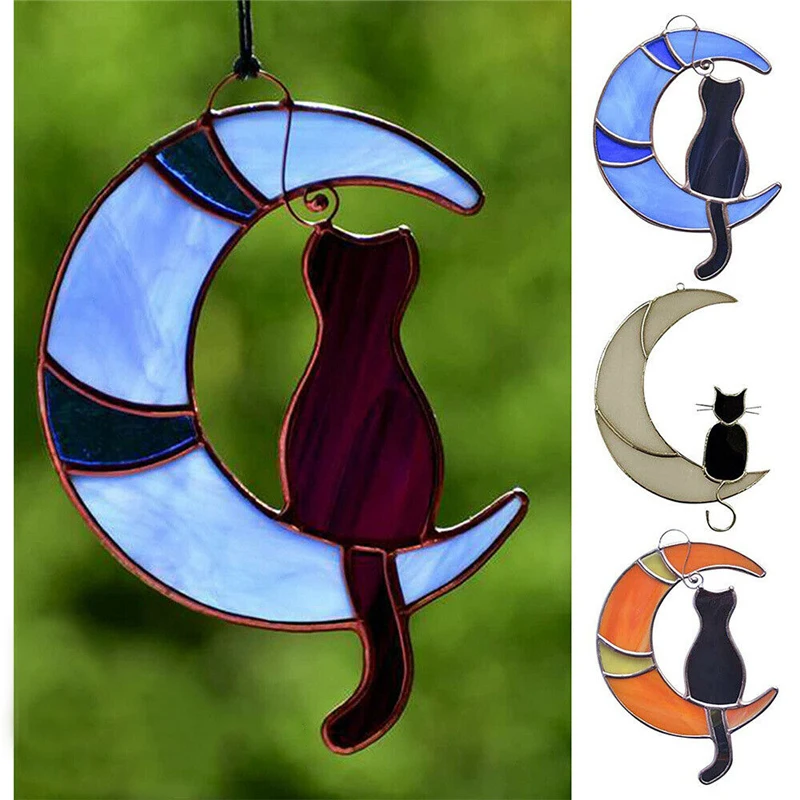 1 шт. цветного Стекло Котик на Луне окна подвесные Стикеры в стиле Ловца снов