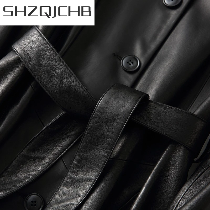 

JCHB 2021 Autumn Women Genuine Leather Sheepskin Long Coats Hoodie Jacket Ladies Slim Fit Sashes Belt Real Leather Single Breast