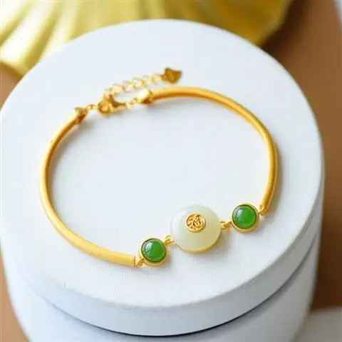 

Original Natural Hetian Jade Peace Buckle S925 Sterling Silver Bracelet Retro Female Chinese Style Court Fu Character Bracelet J