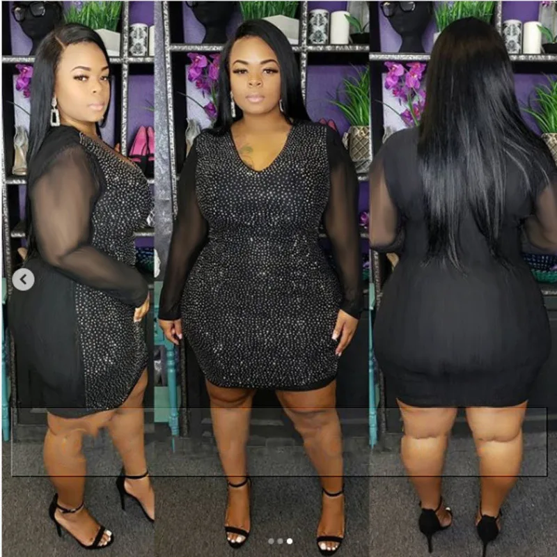 Летние сексуальные Клубные женские платья, OL Lady black, плюс размер, 4XL, 5XL, облегающее платье с блестками, женское Сетчатое Прозрачное платье с длинным рукавом, Vestido