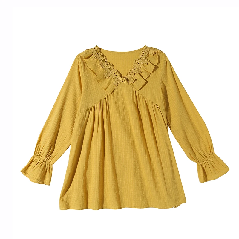 

88203# Autumn Korean Fashion Cotton Maternity Blouses Lace V Neck A Line Loose Shirts Clothes for Pregnant Women Pregnancy Tops