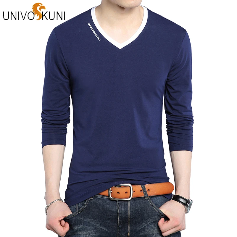 

UNIVOS KUNI 2019 Spring Solid Color Casual Men T Shirt Long Sleeve V-neck Mens T-shirts Hot Sale Newest Brand Mens Tee Tops J476