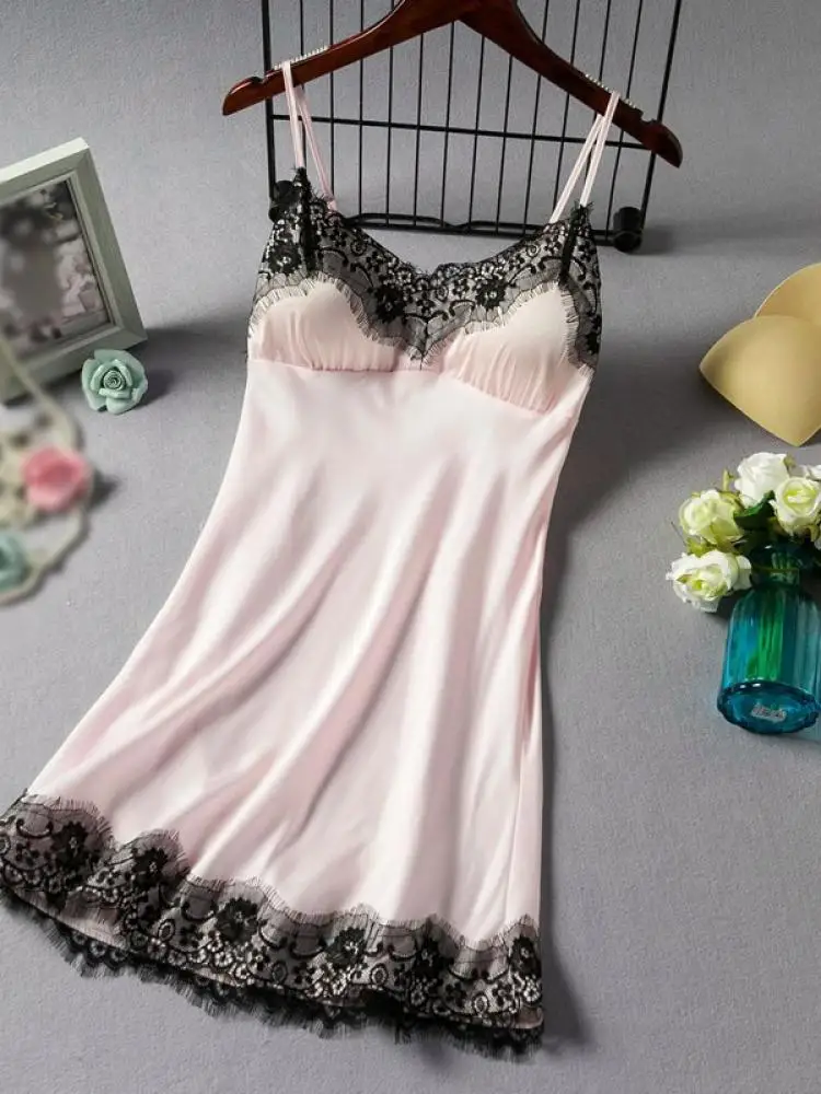 

Ladies Adjustable Shoulder Straps Nightdress Pure Color Sexy Lace V-Neck Lace Trim Simple Top