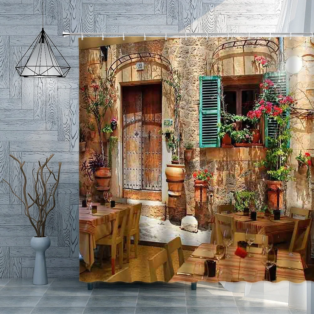 

Nordic Retro Oil Painting Shower Curtain Old Door Window Plant Idyllic Rural Scenery Bathroom Curtain Home Decoration Bath Decor