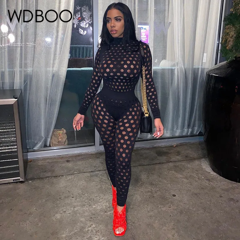 

WDBOO See Through Knitting Two Piece Set Women Top T Shirt and Pants Solid Fitness Bodycon Tracksuit Sexy Hole Street Outfits