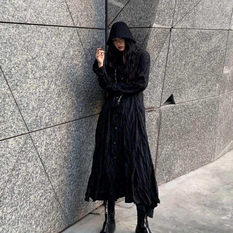 SHENGPALAE 2020 New Spring Long Dress Women Vintage Loose High Waist Slim Was Thin Elegant Black Shirt Pleated ZA2410 | Женская одежда