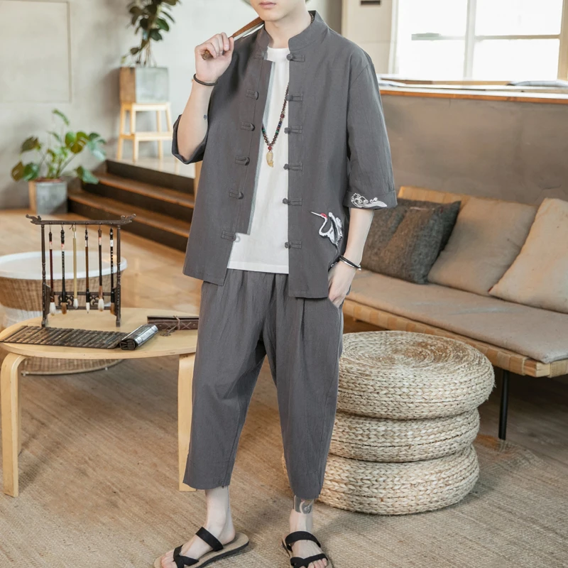 Мужской костюм в китайском стиле пальто с вышивкой журавлей и брюки комплект из