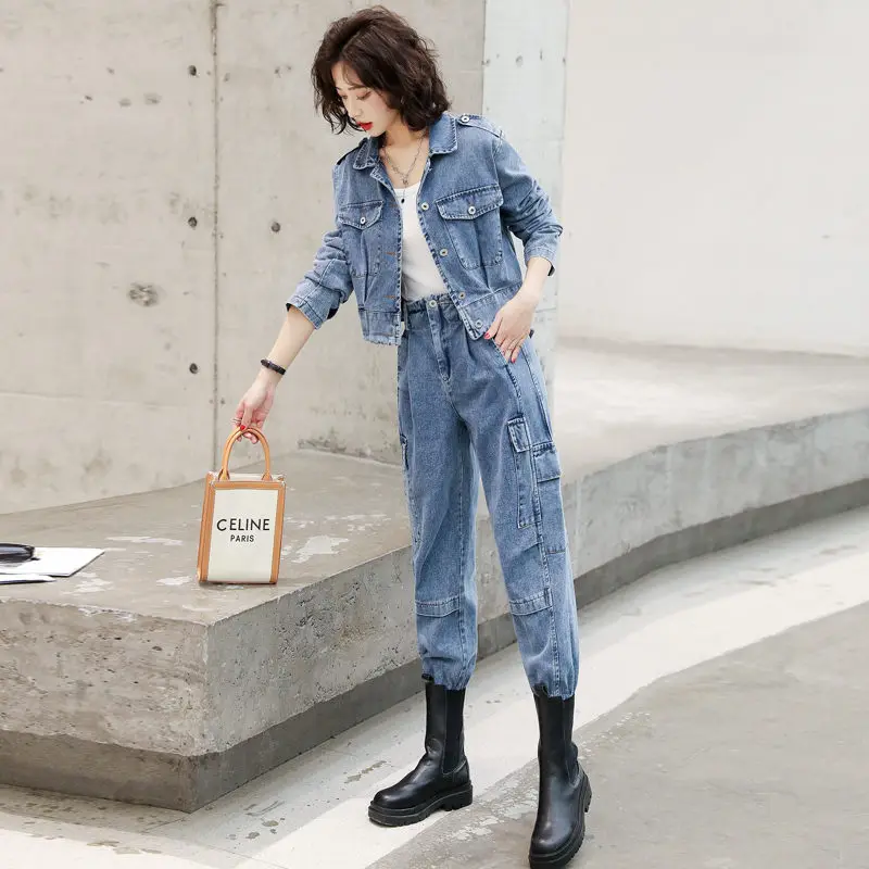 Spring Autumn Denim Jacket And Jeans Set For Women Trendy 2021 New Streetwear Cargo Pants Casual Vintage Two Piece Suit ZH492