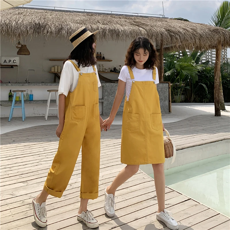 Korean Version Of Woman's Denim Overalls + Thin Sloppy Skirt Girlfriend Skirt Pure Black And Yellow Wild Preppy Style Jumpsuits