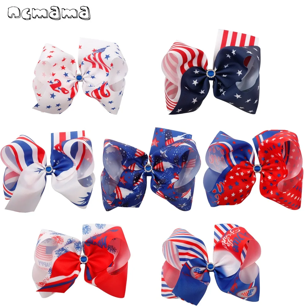 

ncmama Independence Day Hair Bows for Girls 8" Large Hair Ribbons Clips 4th of July USA Flag Print Hairgrips Hair Accessories