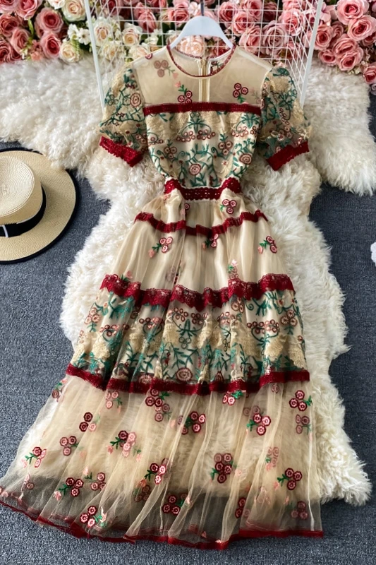 

EXCELLENT QUALITY Newest 2021 Summer Runway Wonmen's Short Sleeve Elegant Gauze Embroidery Patchwork Lace Beach Maxi Long Dress