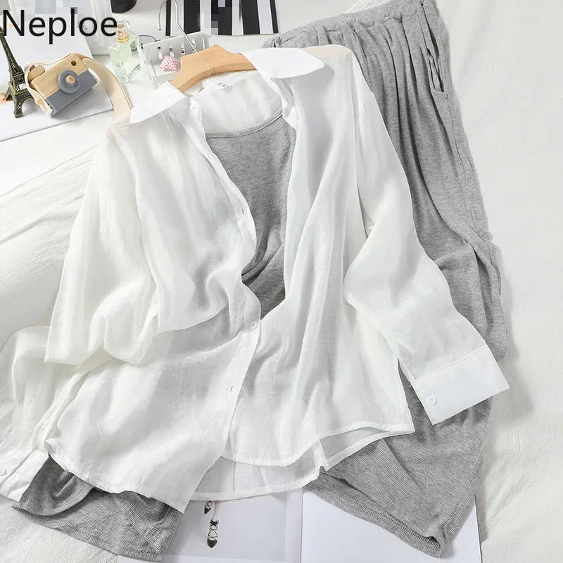 Neploe 3 Piece Set Women Single Breasted Long Sleeve Shirts+Basic Vest Sling+Elastic High Waist Wide Leg Pants Fashion Suits | Женская
