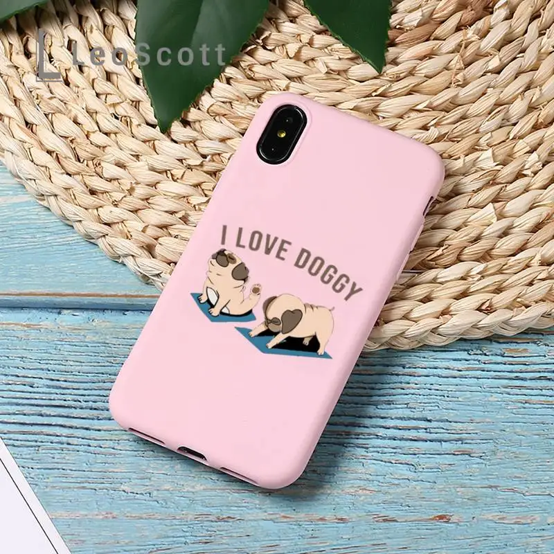 

Cute Cartoon Pug Animal Yoga Phone Case Candy Color for iPhone 11 12 mini pro XS MAX 8 7 6 6S Plus X 5S SE 2020 XR Cover Shell