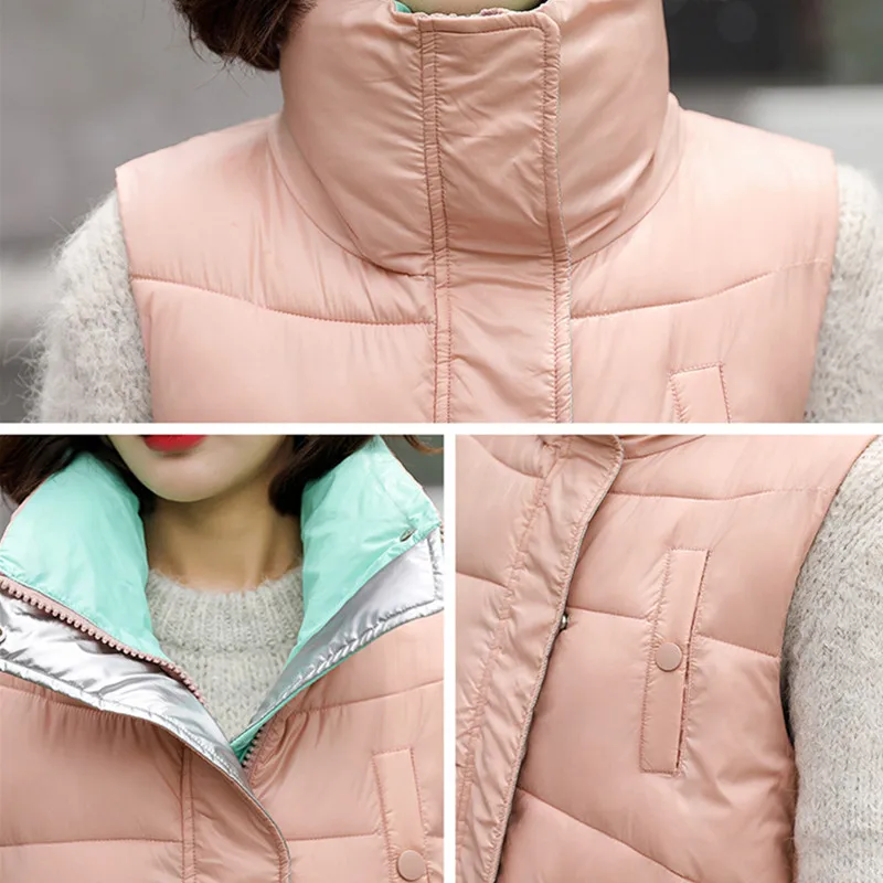 

2021 Autumn Winter Down Cotton Vest Women Patchwork Color Stand Collar Mid-Long Loose Waistcoat Female Sleeveless Outwear Y078