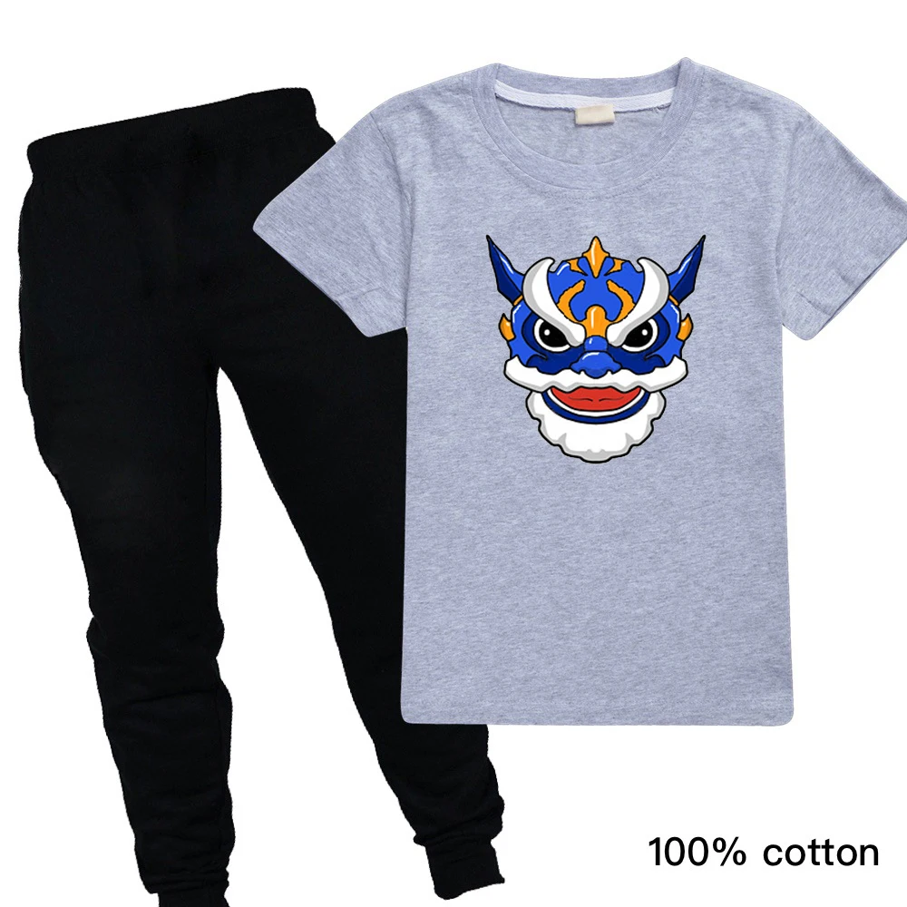 

Hand-painted lion dance trend street casual tops children's clothes T-shirt boys and girls summer short-sleeved trousers suit