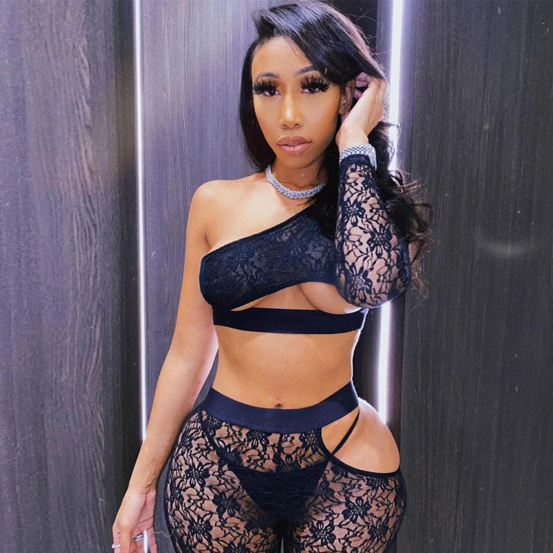 

2021 Long Sleeve One -Shoulder Patchwork Lace women's top trouser suit 2 Pieces Set Autumn Winter Women Sexy Party Tracksuit