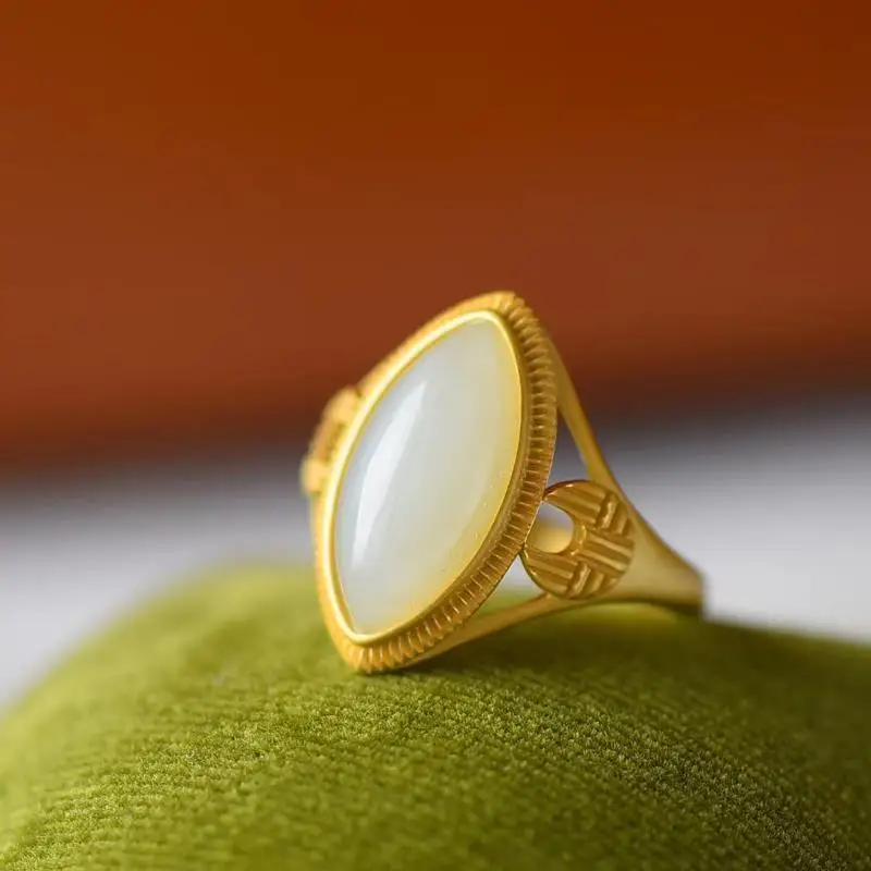 

New Product Recommendation Natural Hetian White Jade Horse Eye Ring S925 Sterling Silver Ancient Gilding Inlaid White Jade Exqui