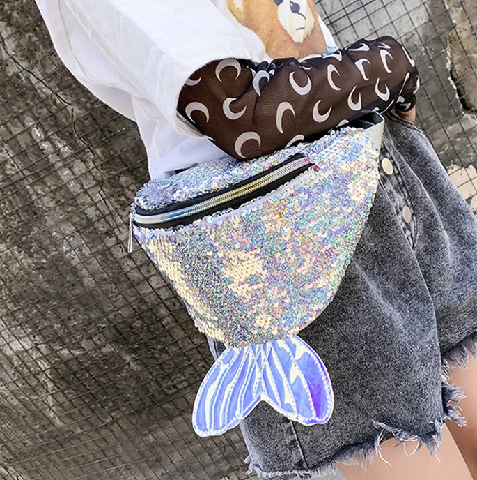 Женская сумка с блестками и бананом на талии, красочные полиуретановые лазерные поясные сумки с изображением русалки, дорожные нагрудные сумки для девочек, поясные кошельки, кошелек