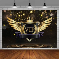 vip photography backdrop gold crown angel wings trophy background black glitter sequins star event stage birthday party decor
