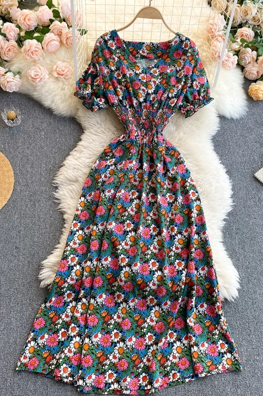 

Summer Vintage Floral print Dress for womens V-neck Short Sleeve Elastic Waist Thin Elegant Holiday Dress A-Line dresses women