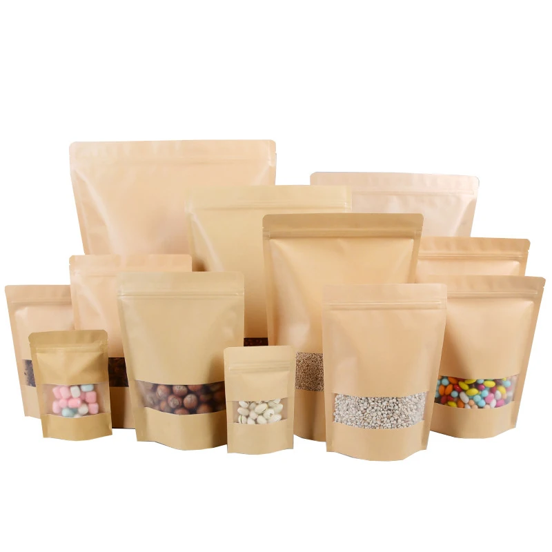 

Kraft Paper Ziplock Bag with Window Dried Food Snack Tea Nuts Cookies Beans Packaging Gift Bags Reusable Small Large Size 50pcs