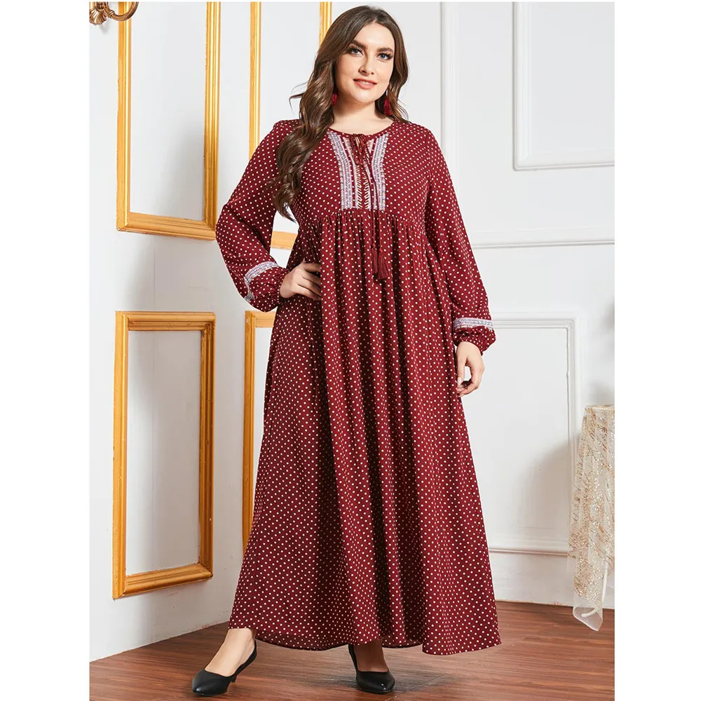 

Plus Size Women Polka Dot Long Maxi Dress Kaftan Dubai Turkish Abaya Muslim Hijab Dresses Islamic Clothing Gown Robe Ramadan Eid