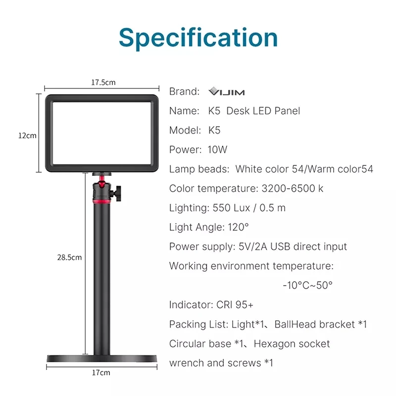 VIJIM K5 настольная Светодиодная панель с выдвижной светильник ставкой 3200k-6500k лампы
