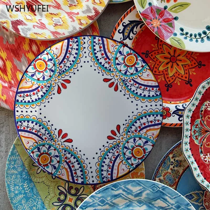 

1 шт. креативная окрашенная круглая керамическая тарелка, Западный стейк, салат, десерт, торт, суши, домашняя кухонная для хранения, декорати...