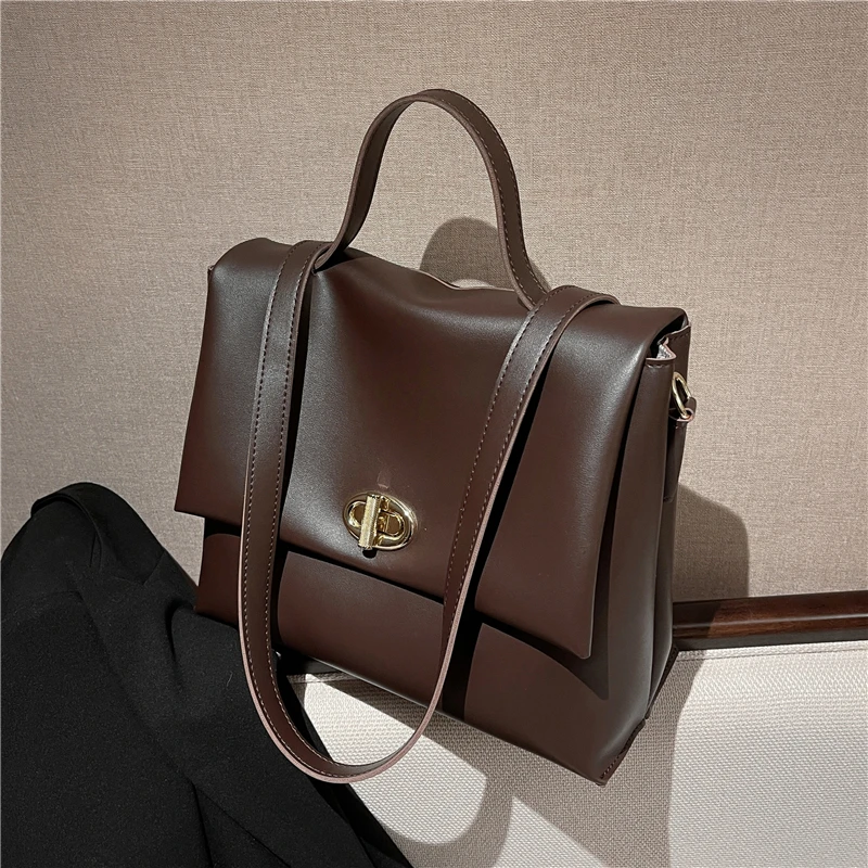 

Vintage Twist Lock Flap Shoulder Women Handbags Brand Designer Solid Color Large Capacity Work Office Ladies Crossbody Bags 2021