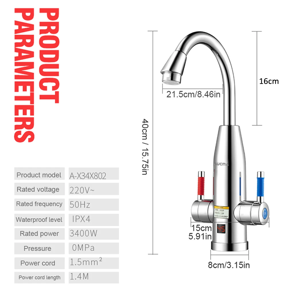 

3400W Instant Electric Faucet Stainless Steel Tankless Water Heater With Temperature Display Hot And Cold Dual-Use For Kitchen