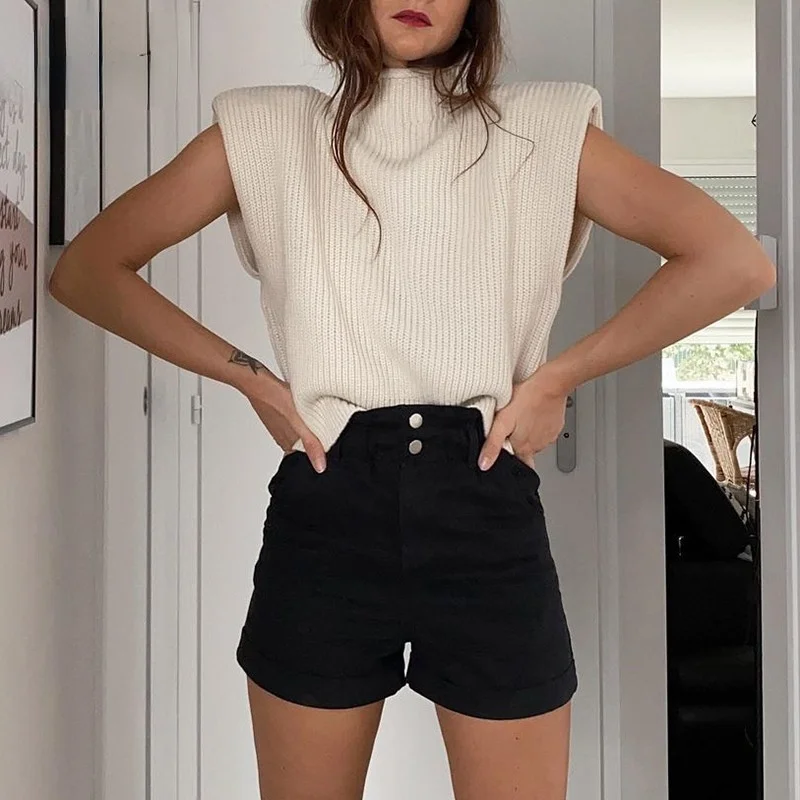 

New Turtleneck Sleeveless Vest Sweater Women 2021 With Shoulder Pads Knitted Pullover Autumn Winter Jumper Casual Tops Fashion