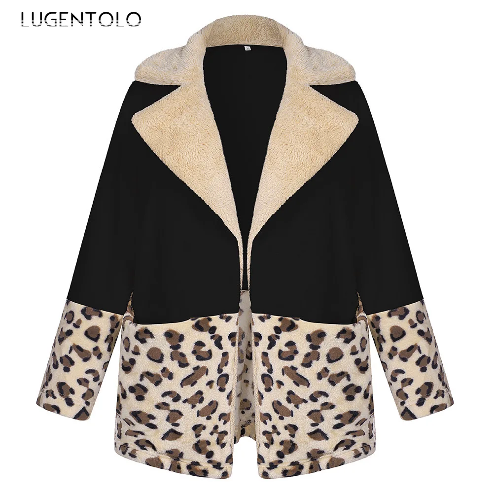 

Lugentolo Women Wool Warm Lapel Plush Autumn Contrasting Color Stitching Leopard Loose Coat Pocket Fashion Female Slim Jacket