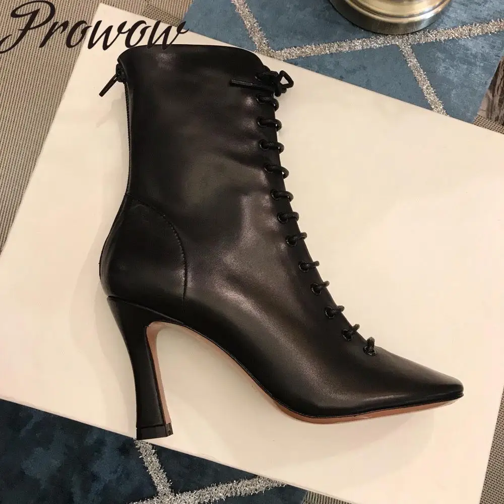 AS PIC Prowow/удобные ботильоны из натуральной кожи на шнуровке; модные модельные ботинки на высоком каблуке с круглым носком; женская обувь - Цвет: AS PIC
