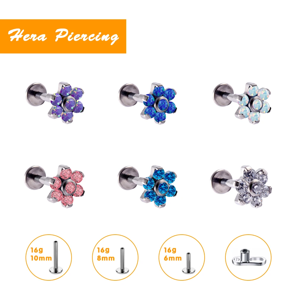

Flower Opal and Labret Stud Earrings F136 Titanium Metal Threaded Nostril Labret Perforated Jewelry Set CZ Women's Body Jewelry