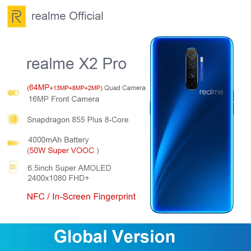 Realme X2 Pro 6 5 &quotсмартфон Octa Snapdragon855 Plus 8 ГБ 128 Гб мобильный телефон 50 Вт Быстрая