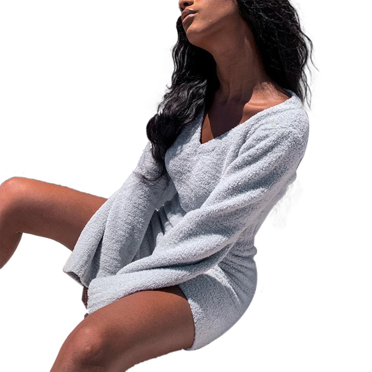 

Long Flare Sleeve V-neck Crop Top Casual Style Shorts Women Breathable Outfit Set Ladies Solid Color Clothing Set Dailywear