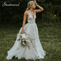 elegant lace appliques boho wedding dresses v neck backless a line illusion bride dresses open back long tulle bridal gowns