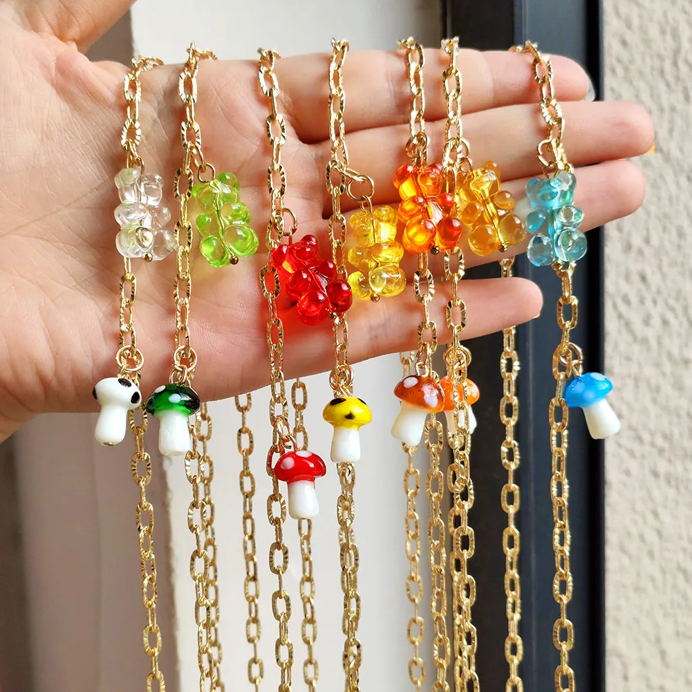 

New Candy Color Resin Bear Mushroom Chain Choker Necklace For Women Girls Cute Cartoon Bear Pendant Necklaces Collar Y2k Jewelry