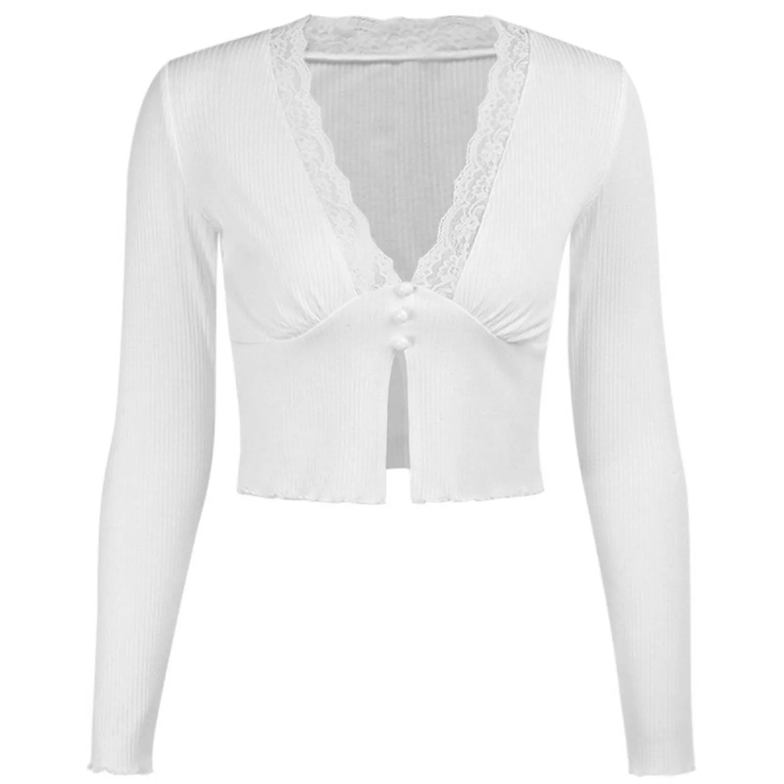 

Sexy Women Deep V Neck Long Sleeve Lace Trim Slim Blouse Solid Color Crop Top