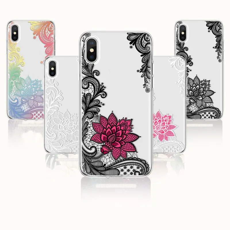 Ультратонкий кружевной чехол для телефона с цветочным рисунком прозрачный