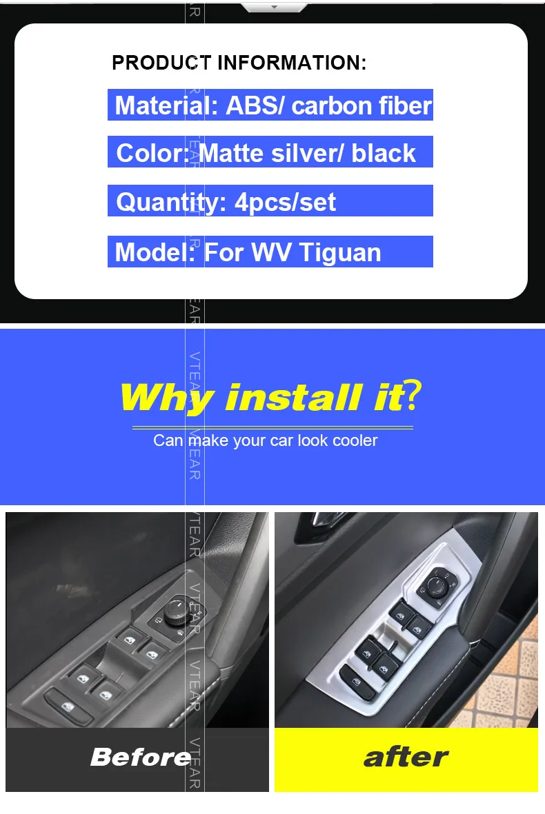 Vtear для Volkswagen VW тигуан Tiguan тигуан автомобильный переключатель Подъема Окна декоративный кожух углеродное волокно аксессуары для интерьера наклейки для авто,автотовары