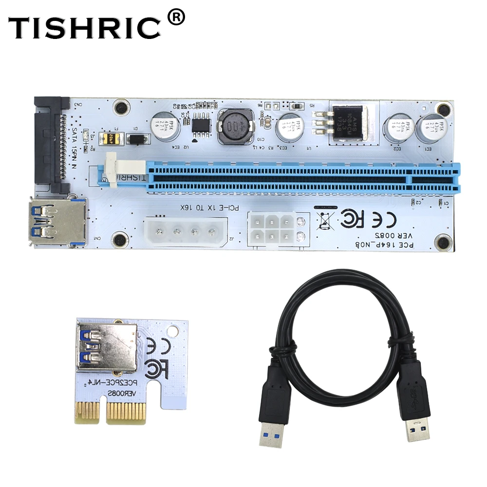 

TISHRIC VER008S PCI Express Riser Card VER 008S PCIE PCI-E Riser Card SATA 1X 16X USB3.0 Adapter for Bitcoin Miner Mining