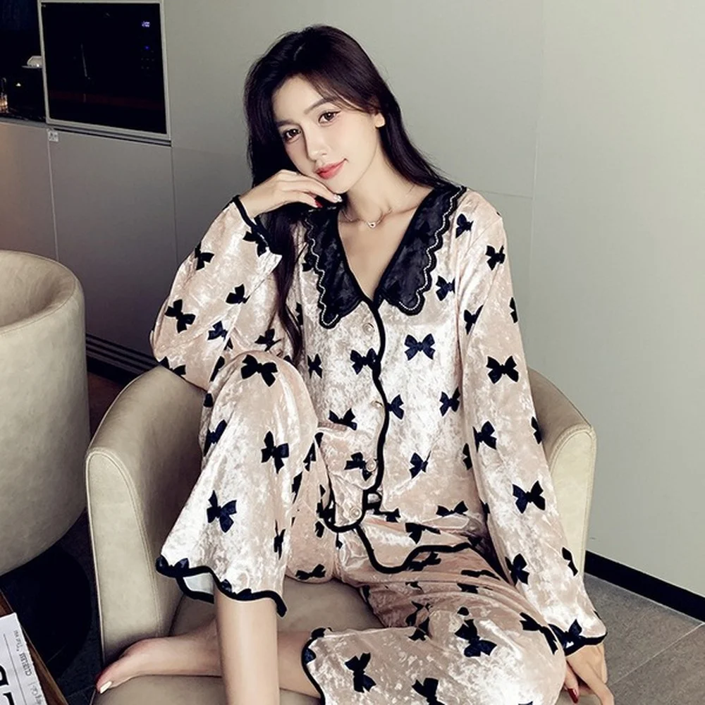 Gold Velvet Pajamas for Women Autumn and Winter Long Sleeves Casual Home Wear Suits Sleepwear Women's Pajamas Set pijama mujer