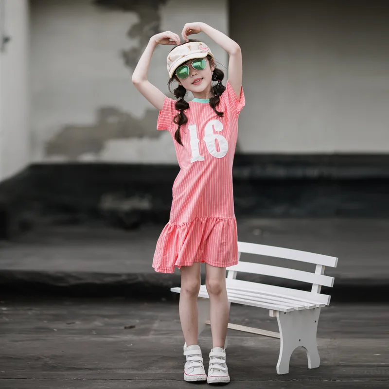 4 6 8 10 12 14 16 Yrs Summer Stripe Letter Printed Girls Dress Children Cotton Ruffle Dresses Teen Casual Sport Clothes | Детская одежда